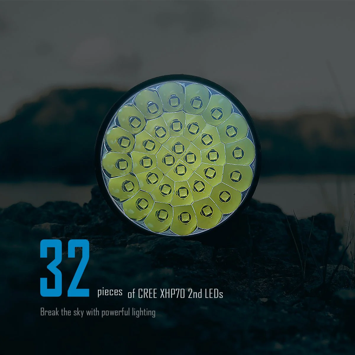 Smart OLED Brightest Flashlight 200,000 lumen, lighting up 1618 meters – 32 Pcs of CREE XHP70.2 LEDs MS32