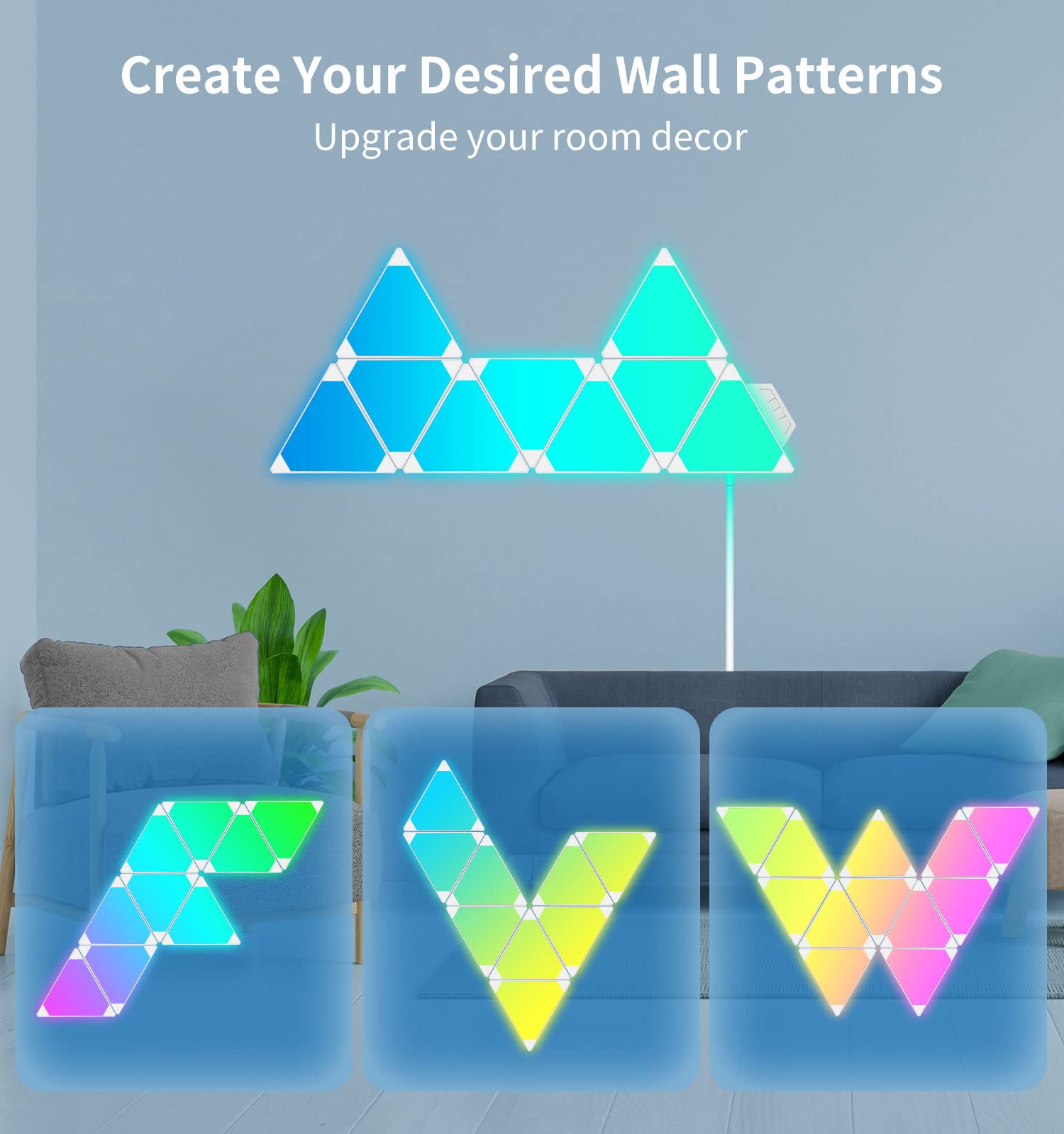 RGBW Smart Triangle Light, LED Wall Panel Light 9 Pack, DIY Design, Music Synchronization, APP Control, for Living Room, Game, Party Decoration